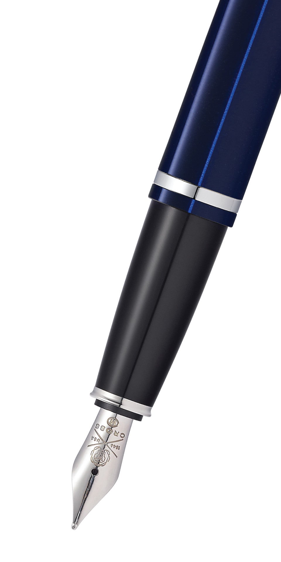 Calais™ Chrome & Blue Lacquer Stainless Steel Medium Nib Fountain Pen.