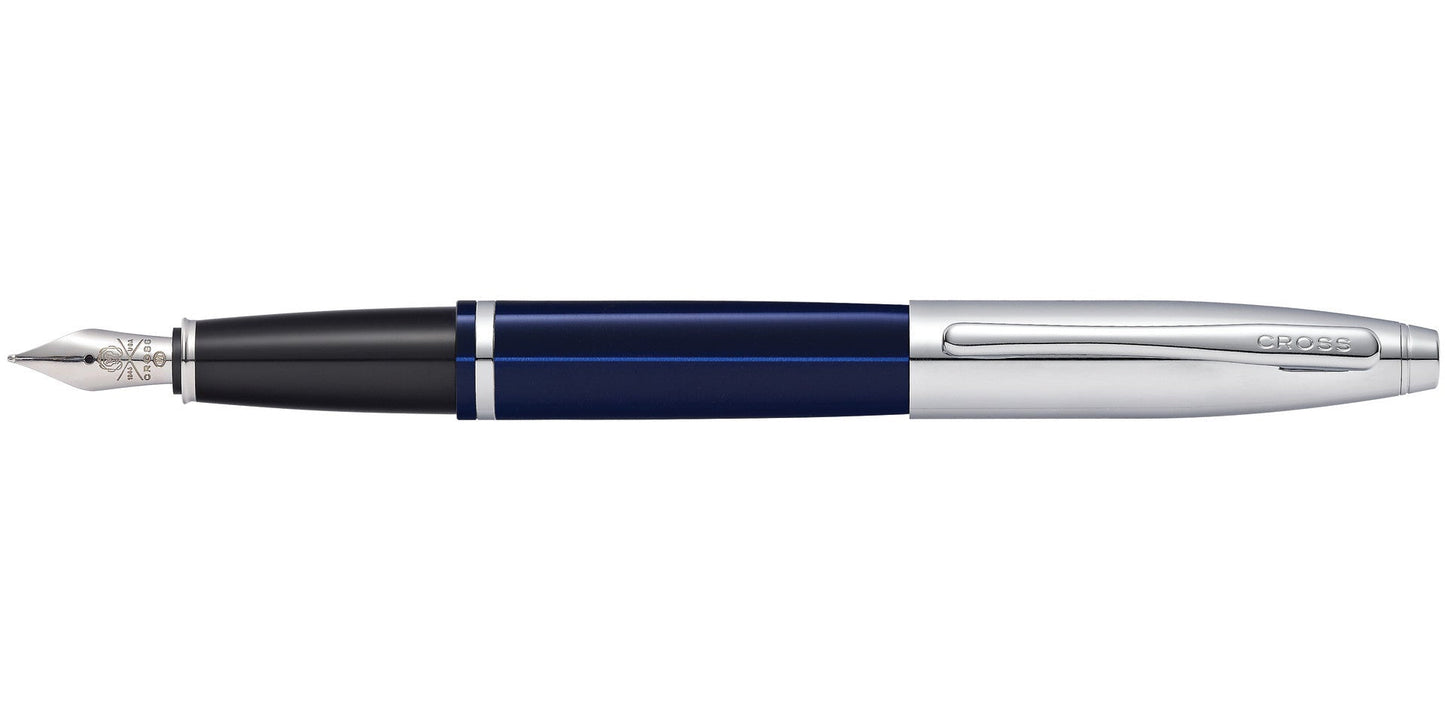 Calais™ Chrome & Blue Lacquer Stainless Steel Medium Nib Fountain Pen.
