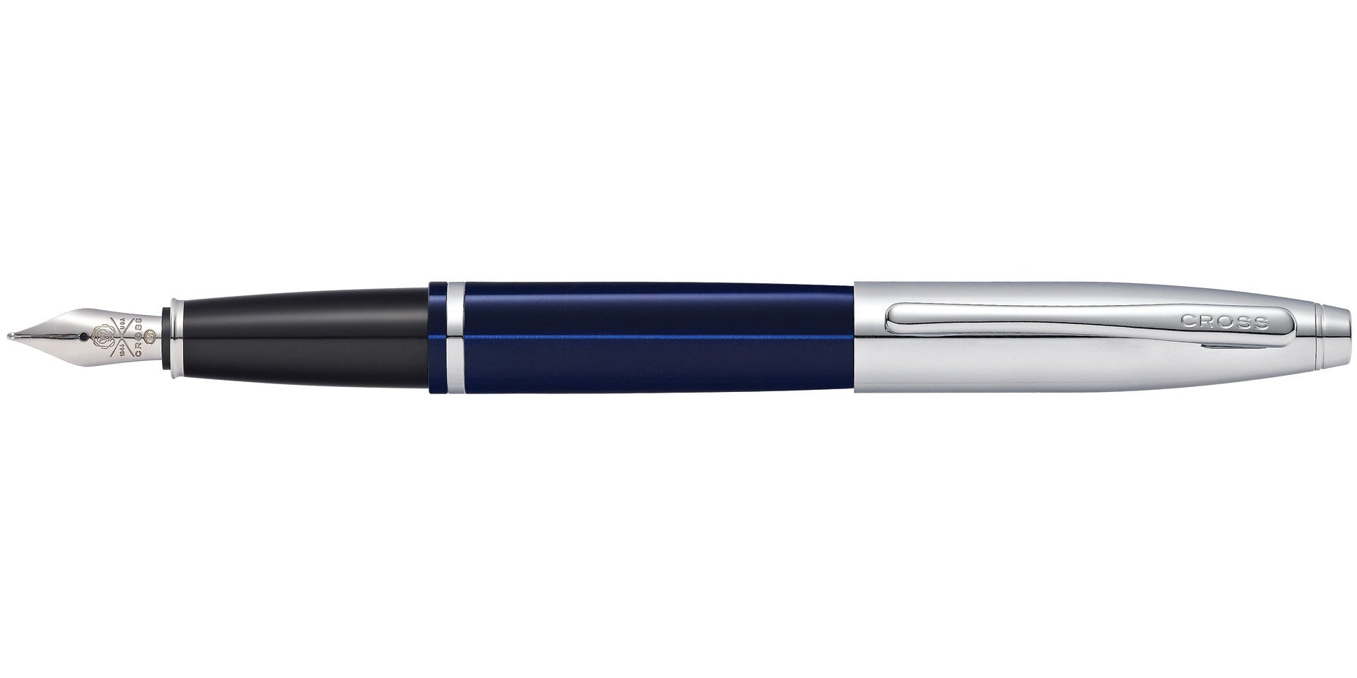 Calais™ Chrome & Blue Lacquer Stainless Steel Medium Nib Fountain Pen.