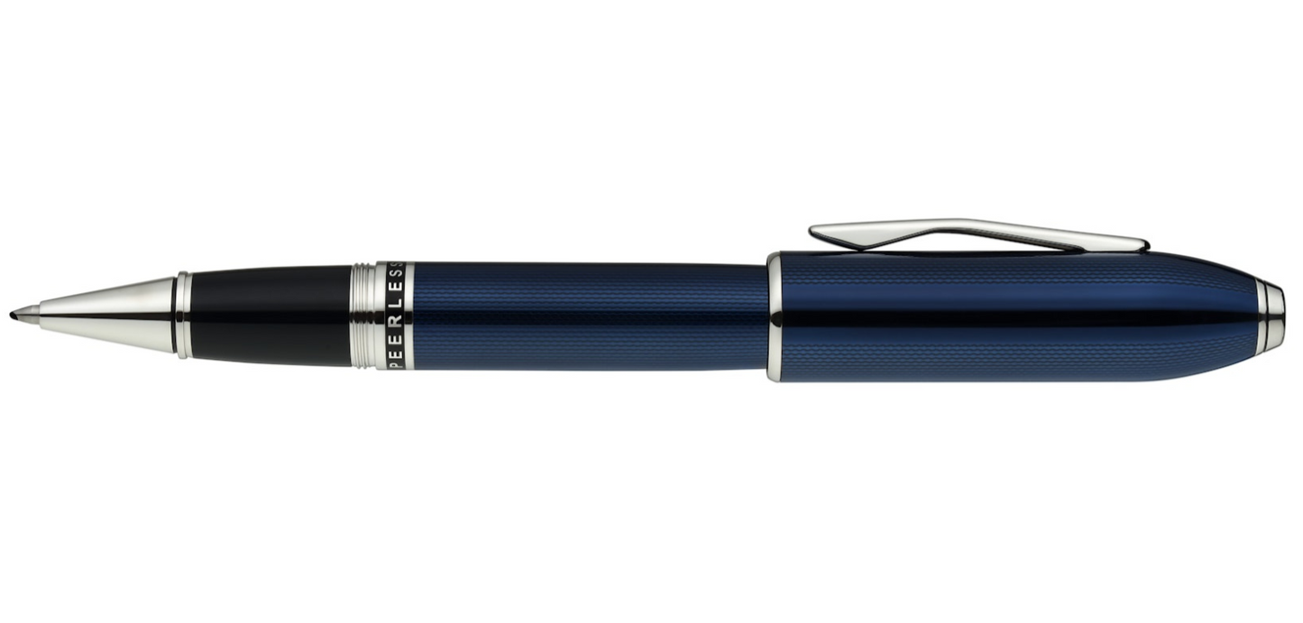 Blue pen with silver accents on a white background
