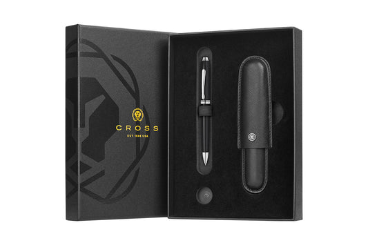 Townsend Black Lacquer Ballpoint Pen with Classic Black Cigar Style Leather Single Pen Case Gift Set