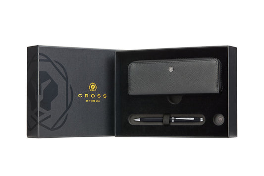 Century II Black Lacquer with Chrome Ballpoint Pen with Classic Black Zippered Leather Double Pen Case Gift Set