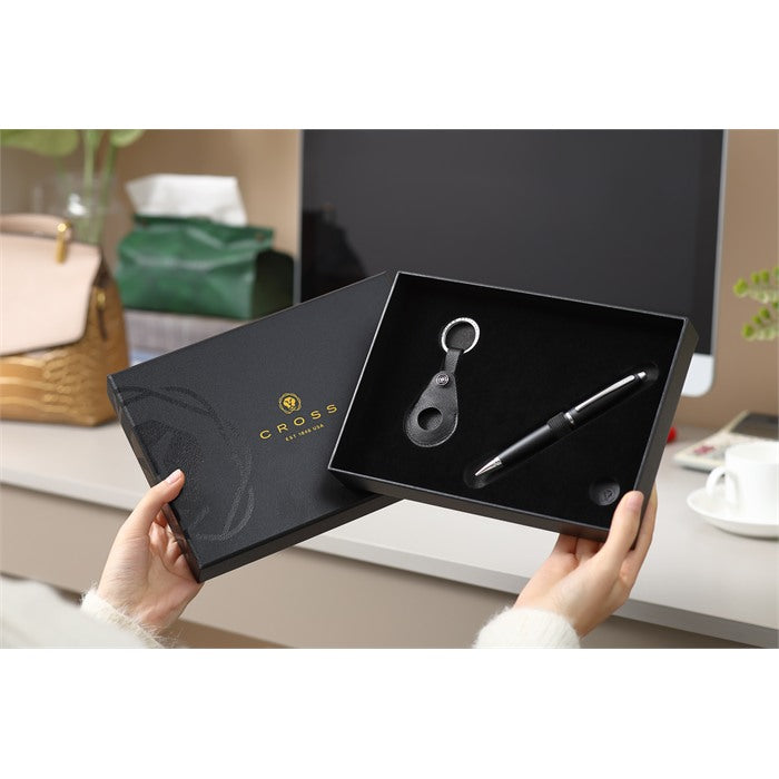 Calais™ Matte Black Ballpoint Pen and Classic Black Smart Tracker Key Chain Gift Set