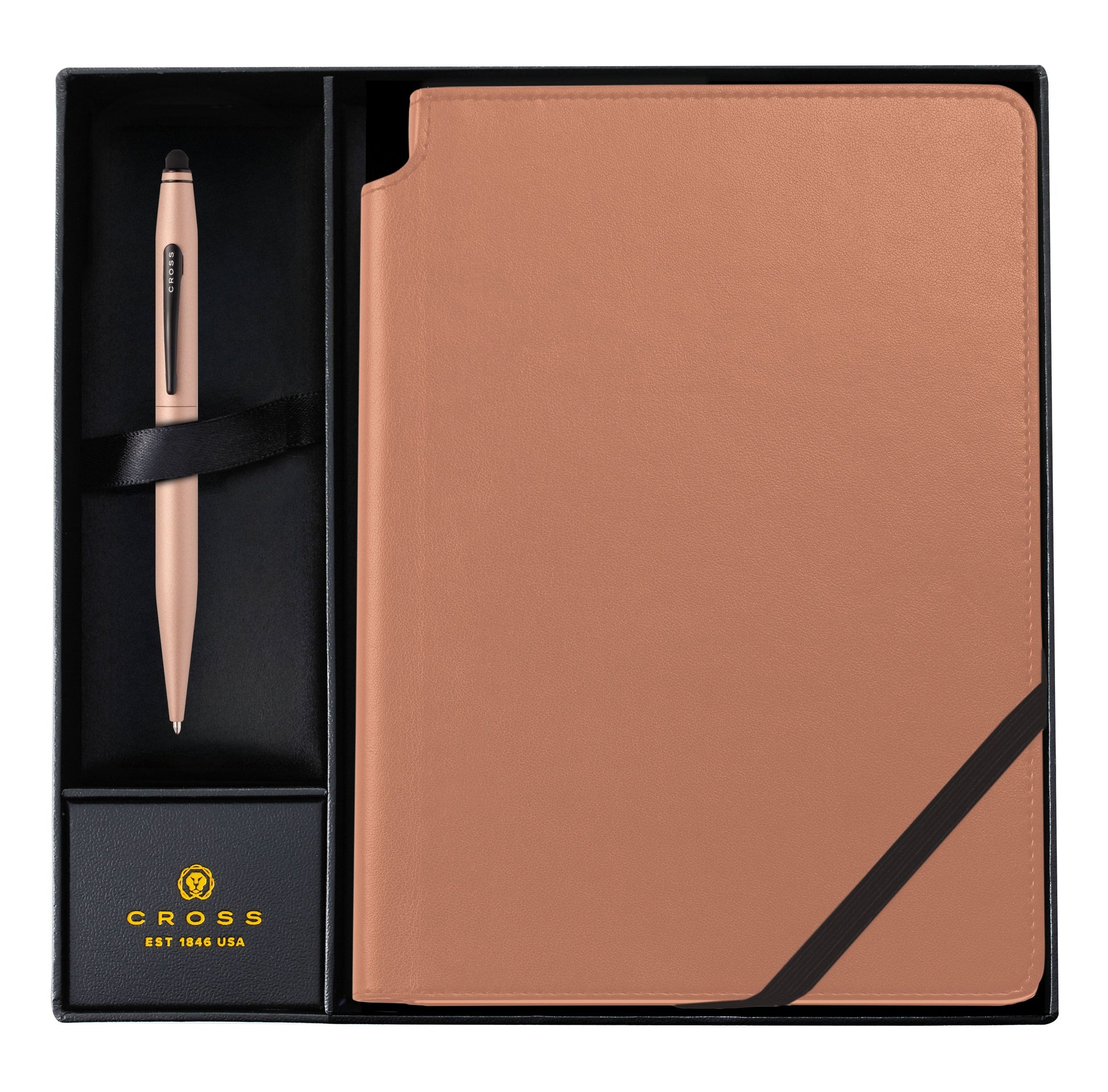 Brown notebook and rose gold pen set in a black box with Cross branding.