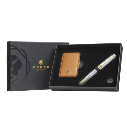 Bailey Medalist Ballpoint Pen with Mocha Saffiano Leather Magnetic Card Holder Gift Set