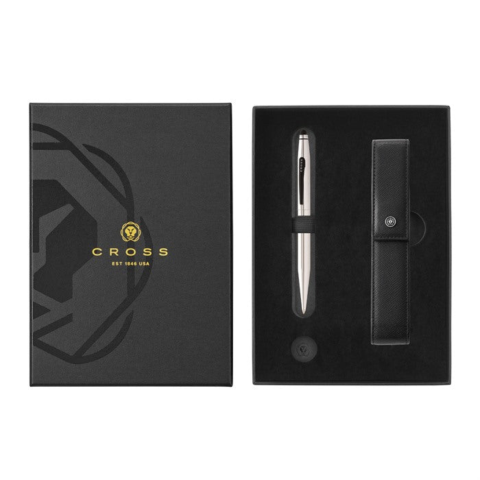 Tech2 Chrome with Satin Black Appointments with Classic Black Magnetic Saffiano Leather Single Pen Case Gift Set