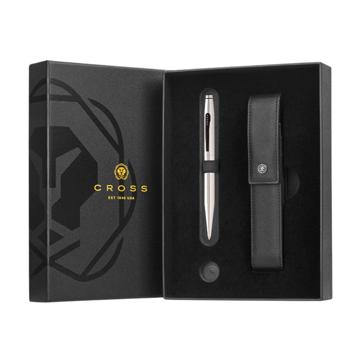 Tech2 Chrome with Satin Black Appointments with Classic Black Magnetic Saffiano Leather Single Pen Case Gift Set