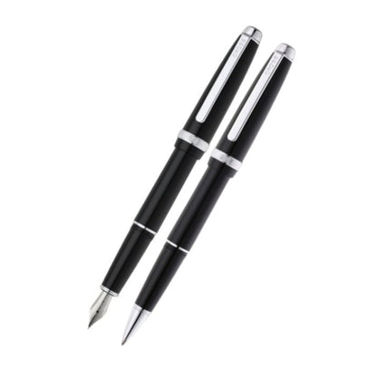 Lume Obsidian Black with Polished Chrome Appointments Ballpoint Pen & Fountain Pen (Medium) Gift Set