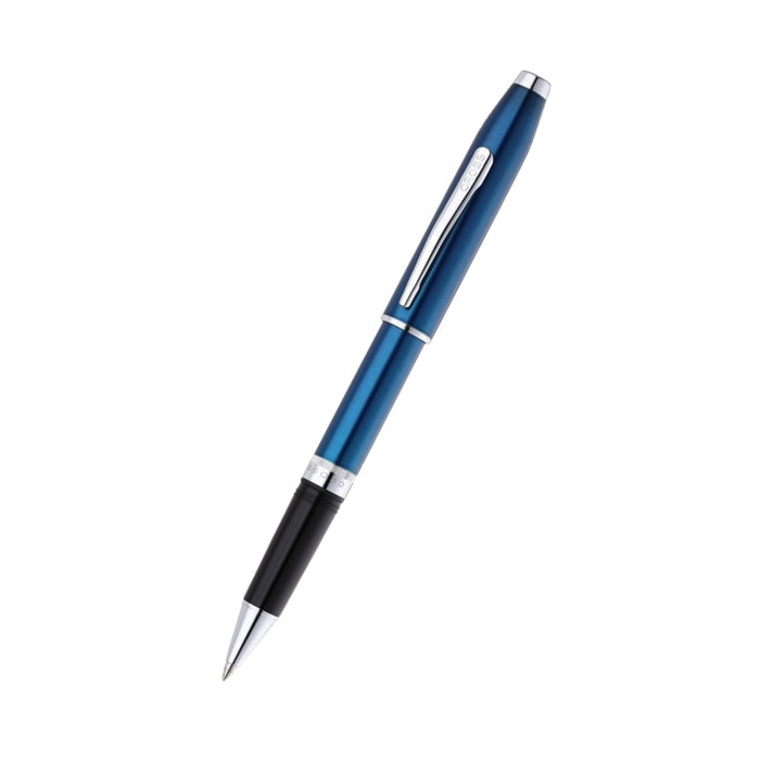 Foundry Glossy Translucent Blue Lacquer with Polished Chrome Appointments Ballpoint Pen & Rollerball Gift Set