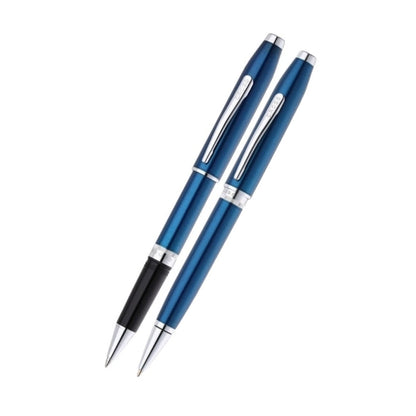 Foundry Glossy Translucent Blue Lacquer with Polished Chrome Appointments Ballpoint Pen & Rollerball Gift Set