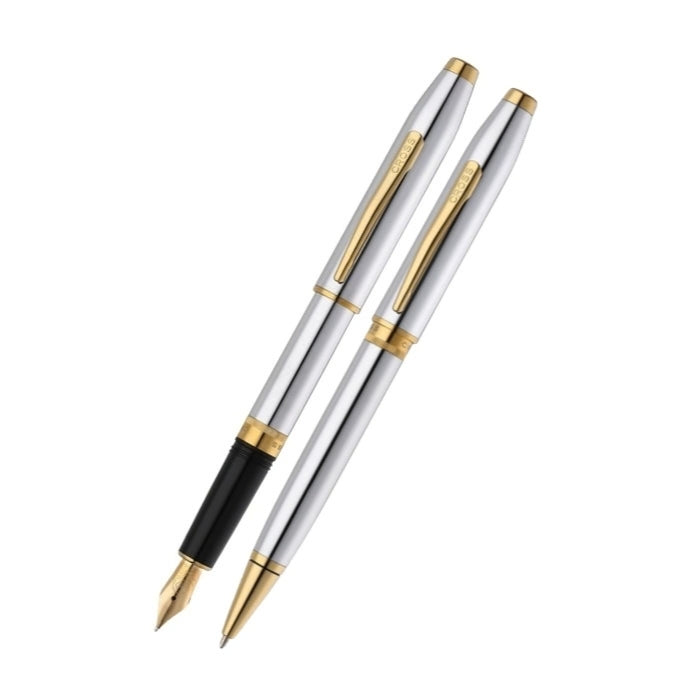 Foundry Polished Chrome with PVD Gold Appointments Ballpoint Pen & Fountain Pen (Medium) Gift Set