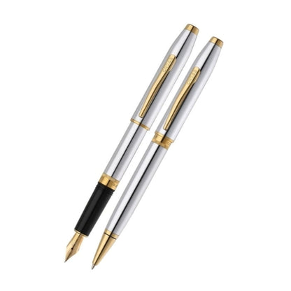 Foundry Polished Chrome with PVD Gold Appointments Ballpoint Pen & Fountain Pen (Medium) Gift Set