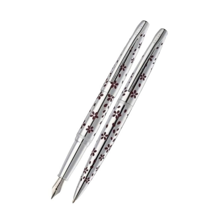 ATX Cherry Blossom Polished Chrome Ballpoint Pen & Fountain Pen (Medium) Gift Set