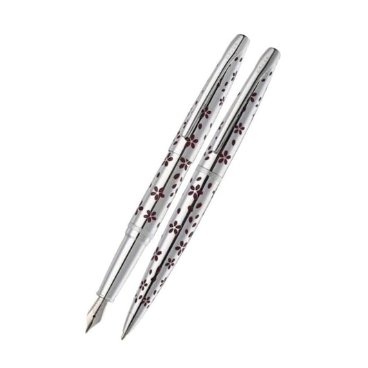 ATX Cherry Blossom Polished Chrome Ballpoint Pen & Fountain Pen (Medium) Gift Set