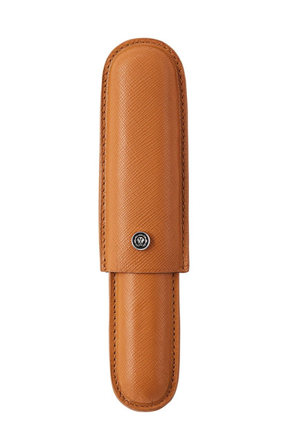 Brown leather pen case on a white background