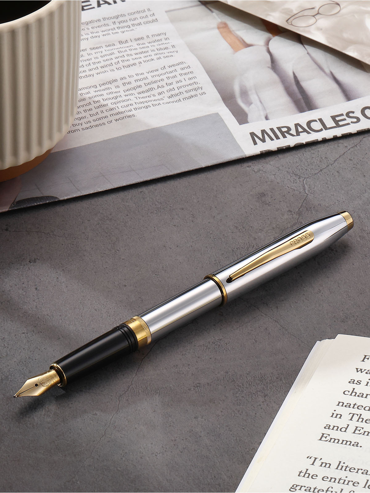 Foundry Polished Chrome with PVD Gold Appointments and Gold PVD Coated Stainless Steel Medium Nib Fountain Pen