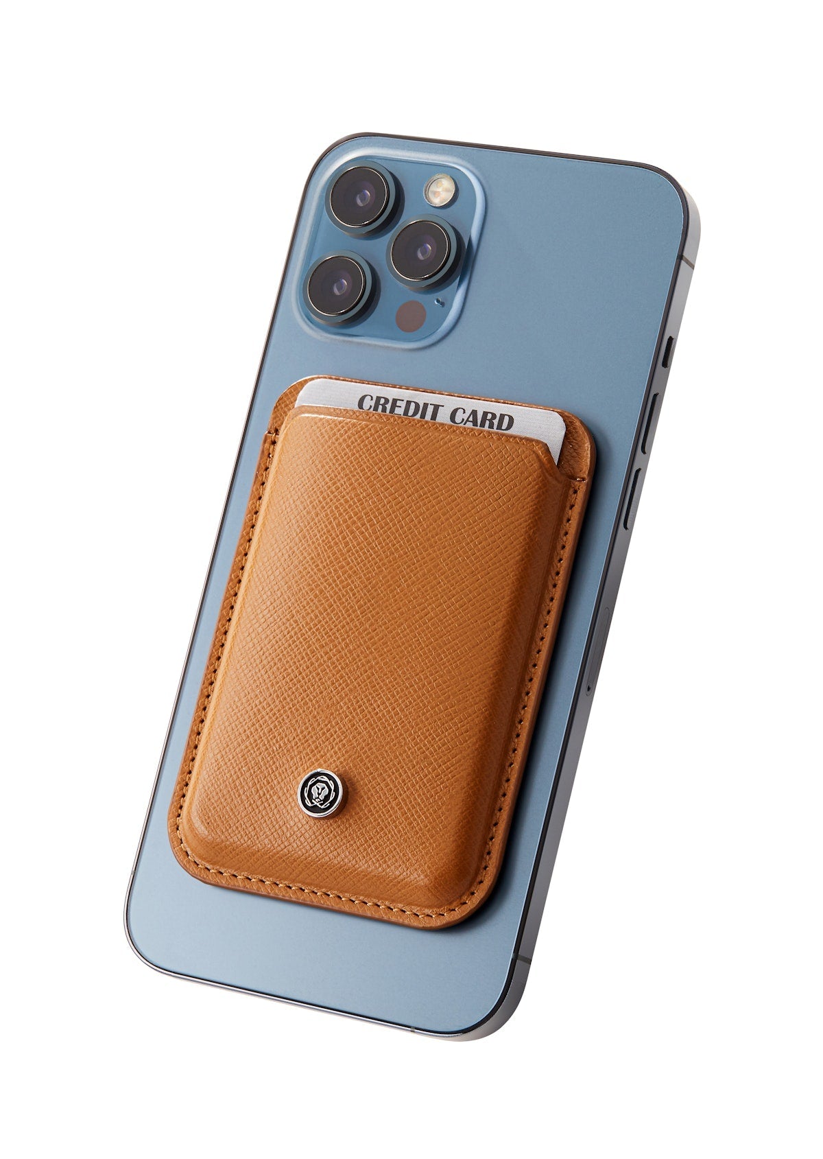 Smartphone with a brown leather card holder attached to the back, displaying a credit card.