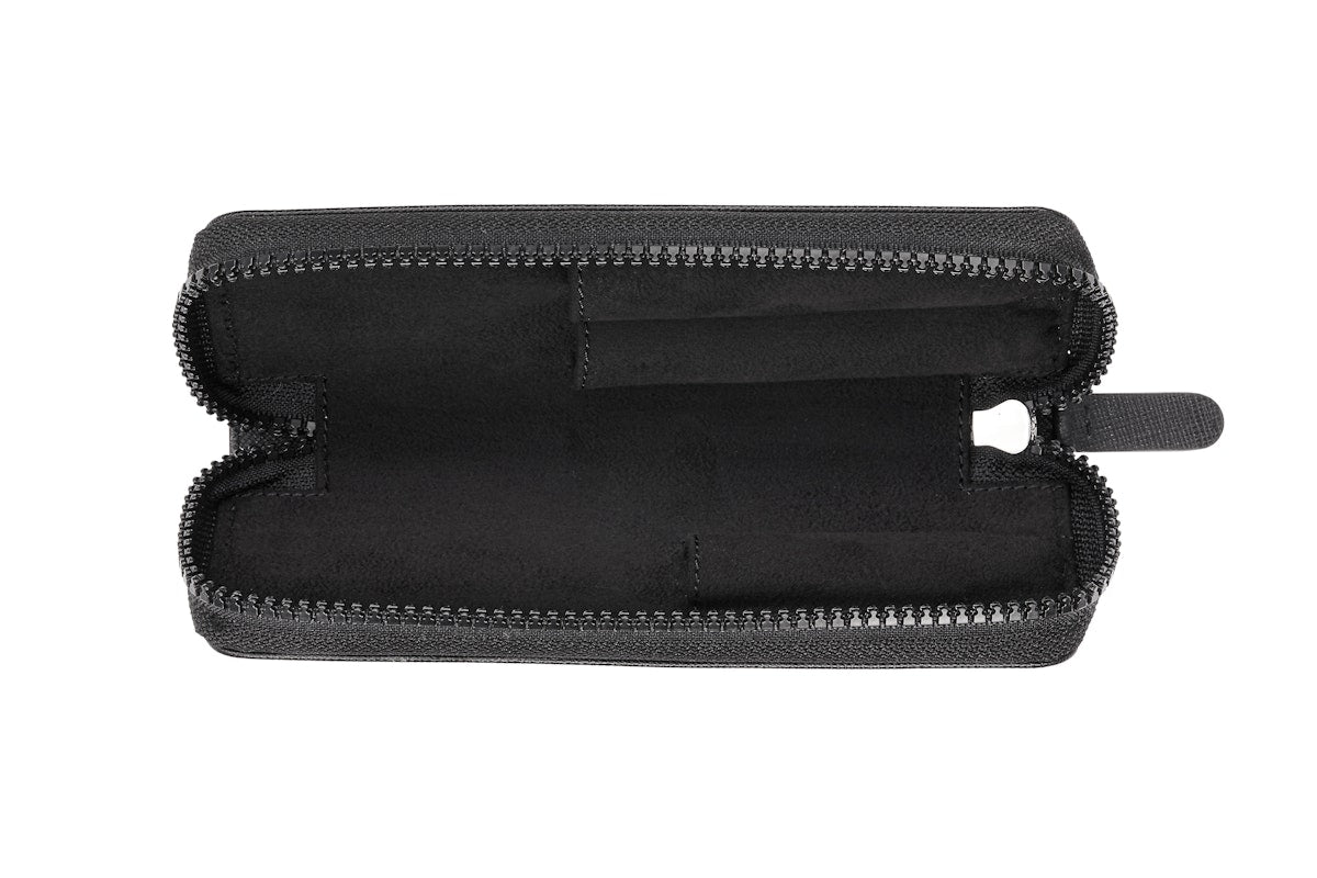Classic Black Leather Zippered Double Pen Case Gift Bundle